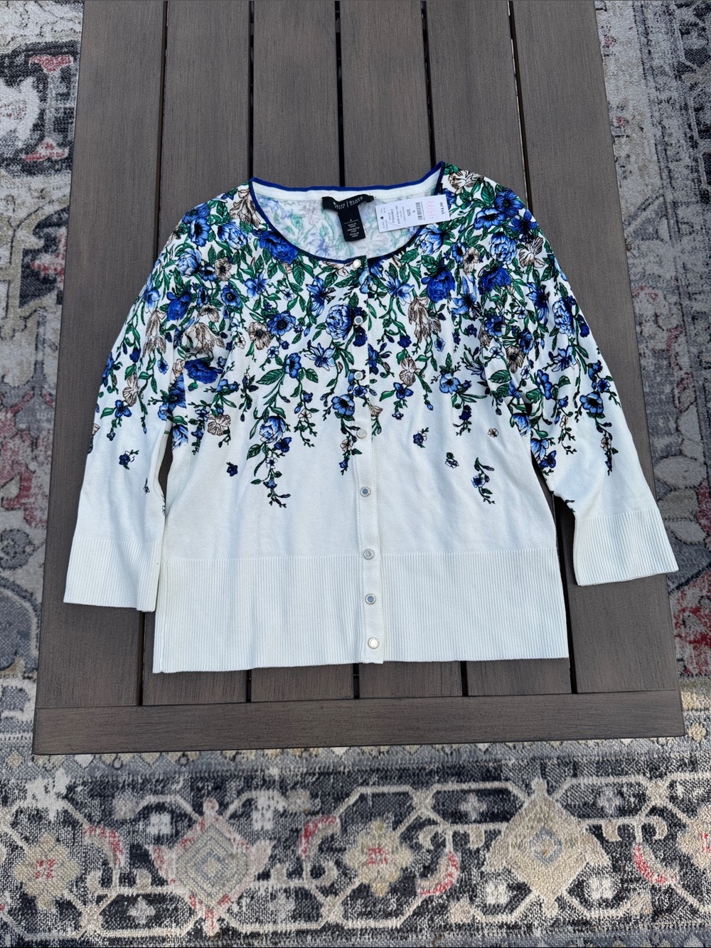 White House Black Market Button up Blue Floral Sweater